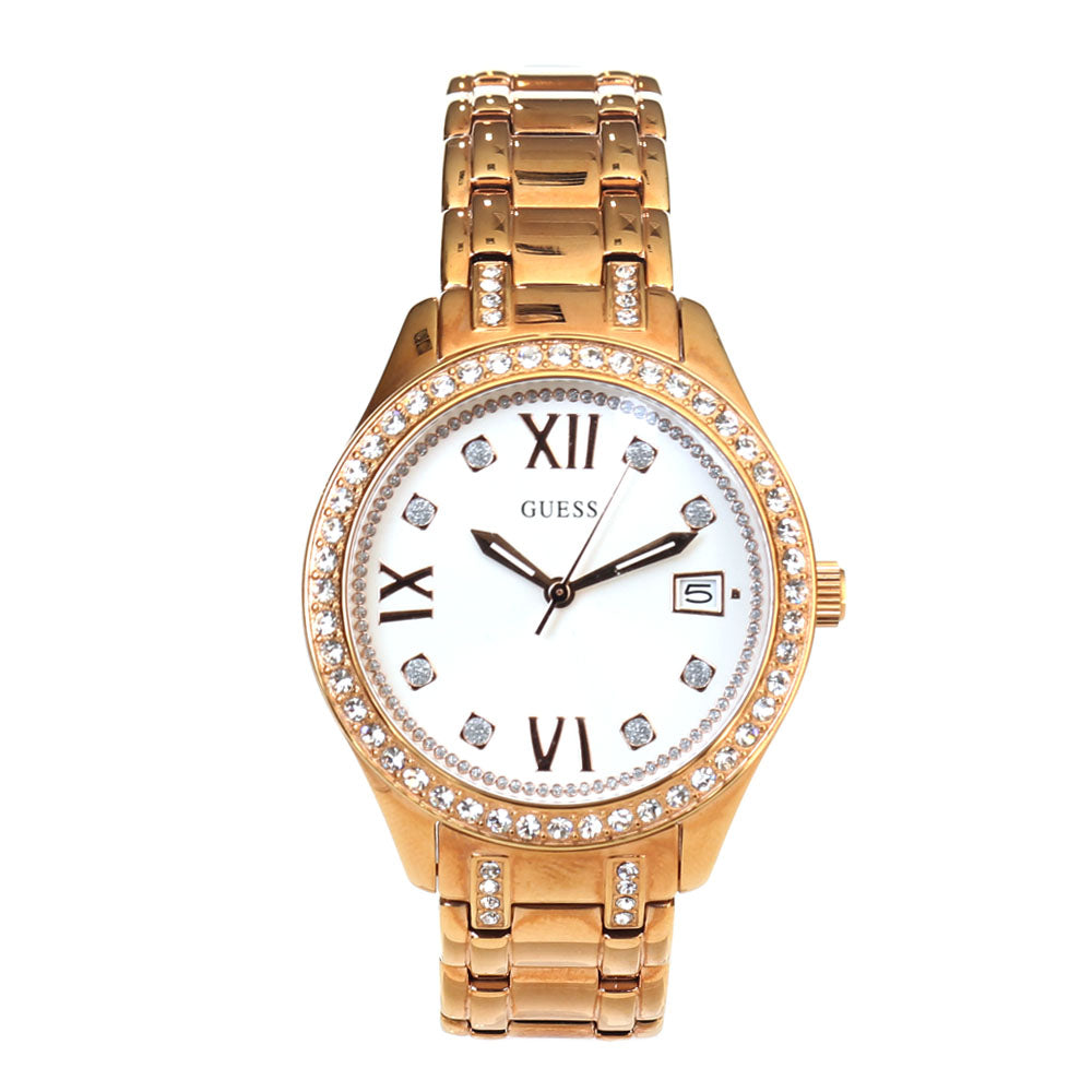 Guess Ladies Watch With Ip Rose Gold Bracelet & Stainless Steel Case