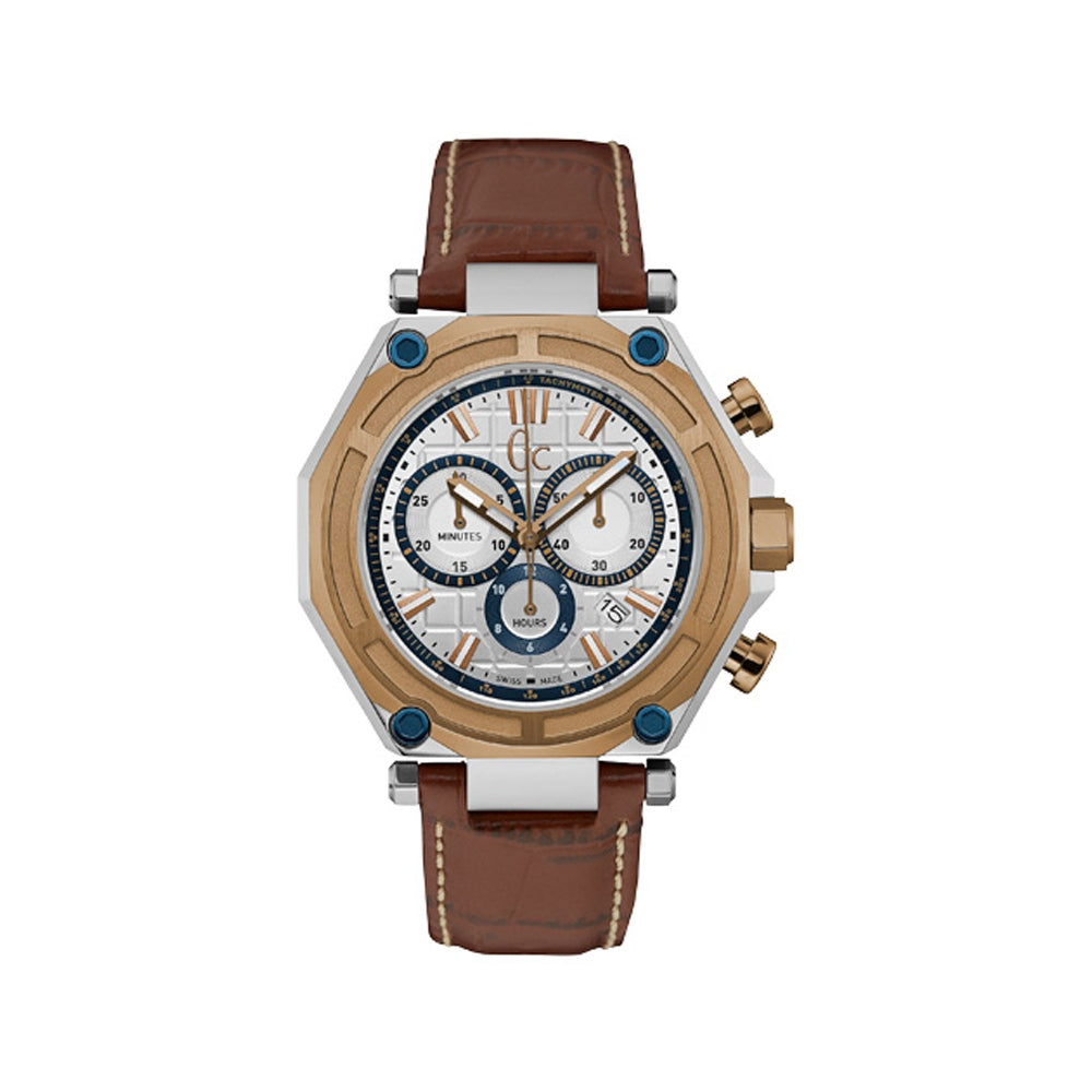 Gc Men'S Chronograph Watch With Silver Dial & Caramel Color Leather Strap