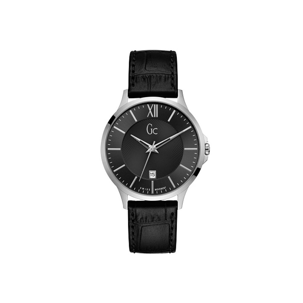 Gc Men'S Watch With Black Dial & Black Leather Strap