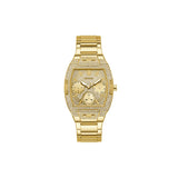 Guess Ladies Quartz Watch Full Yellow Gold Plated Steel Case & Bracelet With Crytal Sun Champlated Glittery Dial