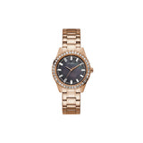 Guess Ladies Quartz Watch Full Rosegold Plated Steel Case & Bracelet With Black Mother Of Pearl Dial