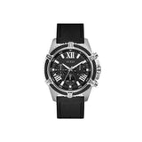Guess Men's Watch Silver Plated Case With Sun Black Chrono Look Dial / Black Wire Style On The Bezel