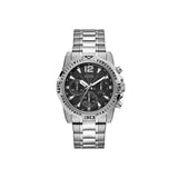 Guess Men's Tachymeter Watch Full Silver Plated Case & Bracelet With Sun Black Dial