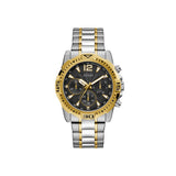 Guess Men's Tachymeter Watch Two Tone Yellow Gold/Silver Plated Case & Bracelet With Sun Black Dial