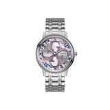 Guess Ladies Watch Full Stainless Steel Case & Bracelet With Silver Sun Ray, 4 G'S Logo And Different Color Of Dots In The Dial