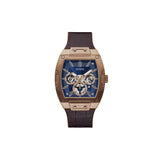 Guess Men's Quartz Watch Coffee Brown Plated Steel Case With Blue Sun Ray Dial