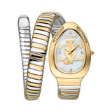 Just Cavalli Snake Shape Women's Gold Watch with Two Tone Bracelet and White MOP Dial
