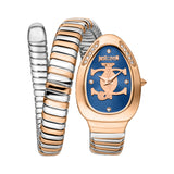 Just Cavalli Snake Shape Women's Watch - Rose Gold Color Case, Dark Blue Dial, Two Tone Bracelet