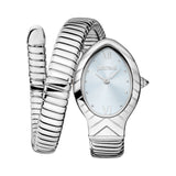 Just Cavalli Snake Shape Women's Watch - Silver Color Case, Light Blue Dial, Stainless Steel Metal Bracelet