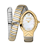 Just Cavalli Snake Shape Women's Watch - Gold Color Case, White MOP Dial, Two Tone Silver & Gold Color Bracelet