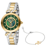Just Cavalli Women's Watch - Gold Color Case, Dark Green MOP Dial, Two Tone Silver & Gold Color Metal Bracelet