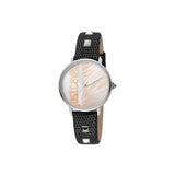 ساعة جست كافالي نسائية بطباعة على الميناء و حزام جلدي أسود