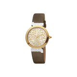 ساعة جست كافالي نسائية ذات هيكل فضي و ذهبي من الستانلس ستيل مع مينا فضية وذهبية مزركشة وحزام جلدي بني