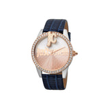 Just Cavalli Ladies Watch Silver/Rose Gold Color Case With Blue Leather Strap