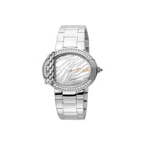 ساعة جست كافالي نسائية ذات هيكل فضي من الستانليس ستيل مع مينا فضية بزركشة جلد حيواني مع كريستال وسوار فضي 