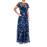 Ml By Monique Lhuillier Floral Embroidered A-Line Gown In Navy Multi