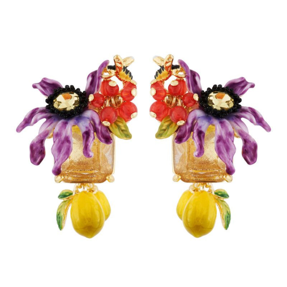 Les Nereides Earrings With Purple Flower On Carved Crystal And Lemons