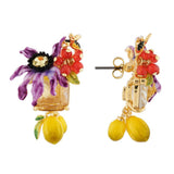 Les Nereides Earrings With Purple Flower On Carved Crystal And Lemons