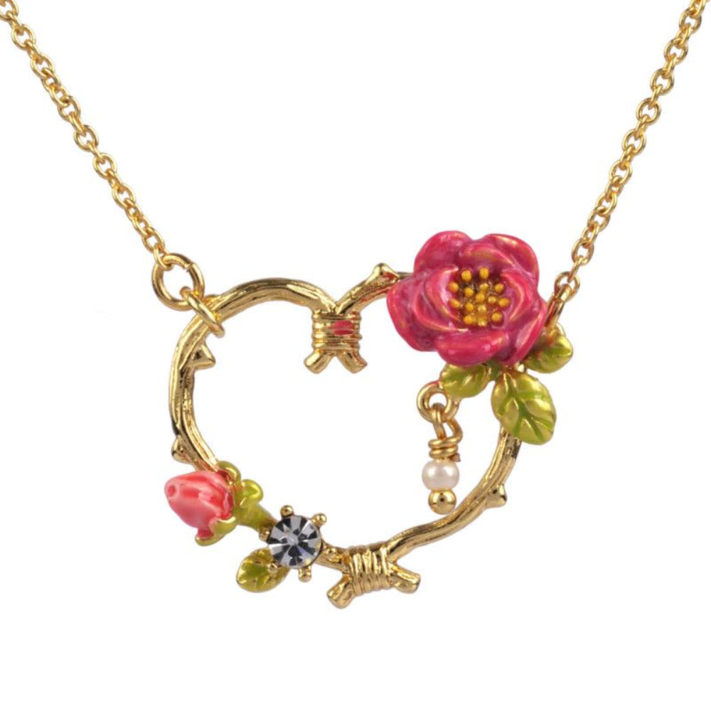Les Nereides Necklace With Golden Flowers Heart And Pink Roses