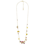 Les Nereides Long Necklace Sith Pink Flower On Carved Crystal And Dropping Lemons And Little Flowers
