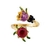 Les Nereides Adjustable Ring With Faceted Crystal And Small Purple Bell