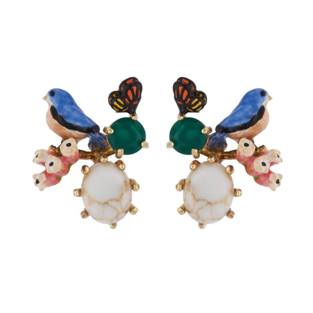 Les Nereides Earrings With Chickadee Butterfly And Faceted Glass On Stone