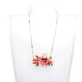 Les Nereides Pink Flower With Golden Pistil On Faceted Crystal Necklace