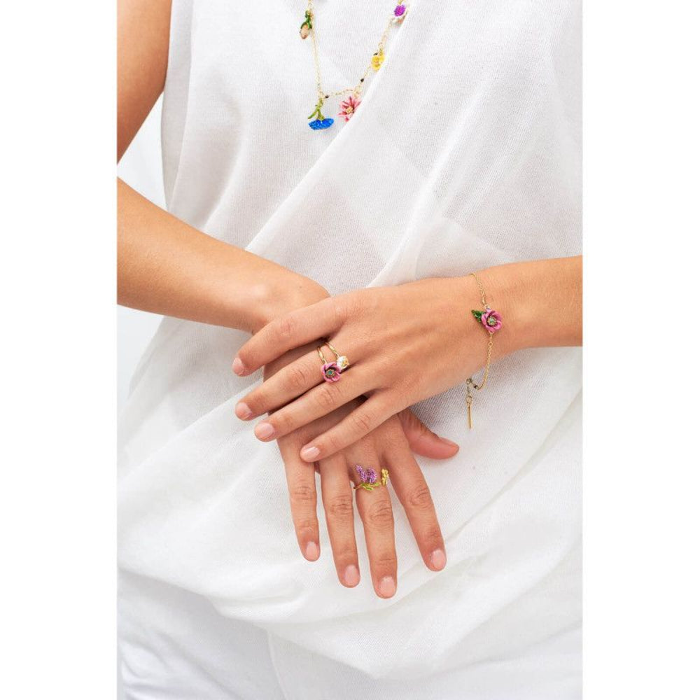 Les Nereides Bands Ring Pink Flower With Rhinestone Pistil And