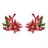 Les Nereides,Earrings Pink Flower With Golden Pistil And Leaves,One Size
