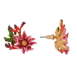 Les Nereides,Earrings Pink Flower With Golden Pistil And Leaves,One Size