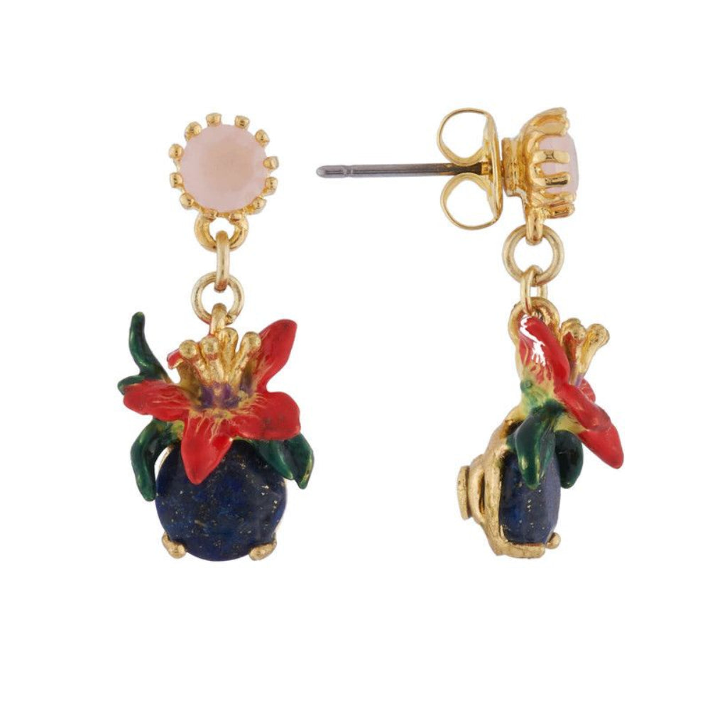 Les Nereides Earrings With Tropical Flower On Stone And Small Faceted Glass