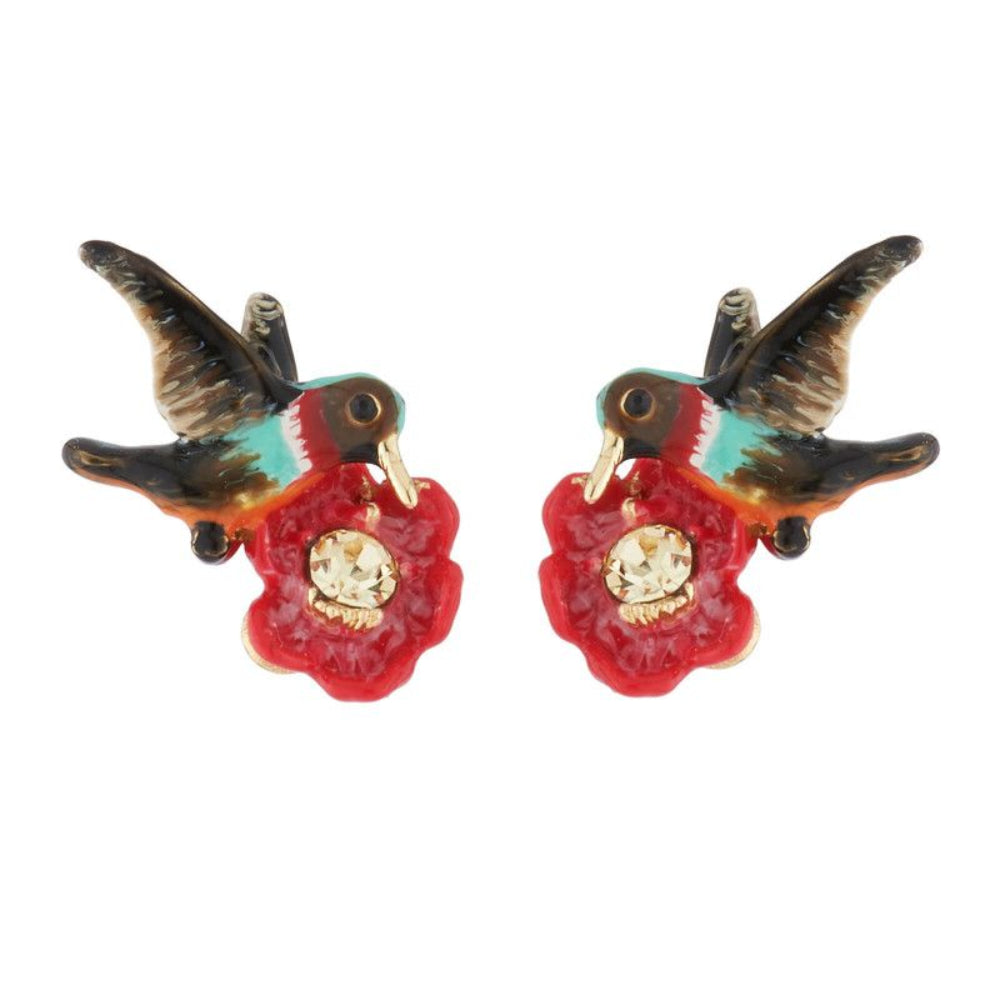 Les Nereides Hummimngbird And Exotic Flower Stud Earrings