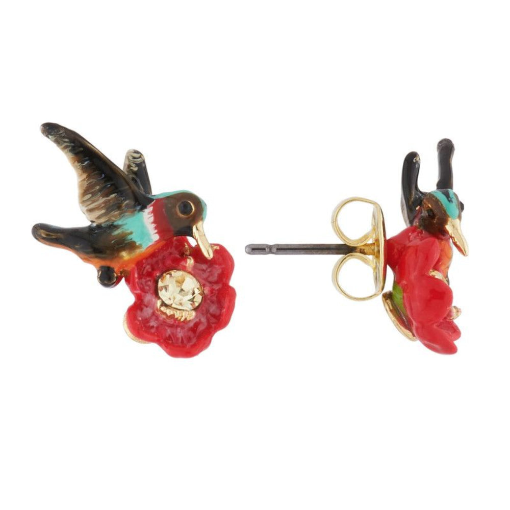 Les Nereides Hummimngbird And Exotic Flower Stud Earrings