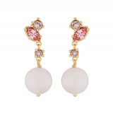 Les Nereides,Dangling Clip On Earrings With Quartz Pearl And Pink Rhinestone,One Size