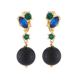 Les Nereides,Dangling Clip On Earrings With Onyx Pearl And Green And Blue Rhinestones,One Size