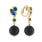 Les Nereides,Dangling Clip On Earrings With Onyx Pearl And Green And Blue Rhinestones,One Size