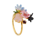 Les Nereides Adjustable Ring With Small Flowers Butterfly And Faceted Crystal