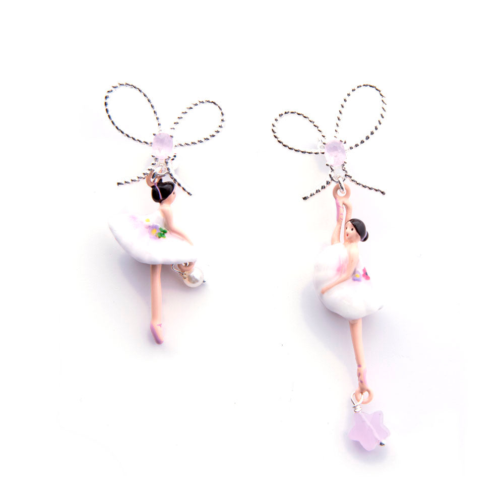 Les Nereides Pink And White Ballerina And A Bow Stud Earrings