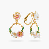 LES NEREIDES Pink And White Water Lily Asymmetrical Clip-On Earrings
