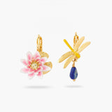 LES NEREIDES Dragonfly And Water Lily Asymmetrical Sleeper Earrings