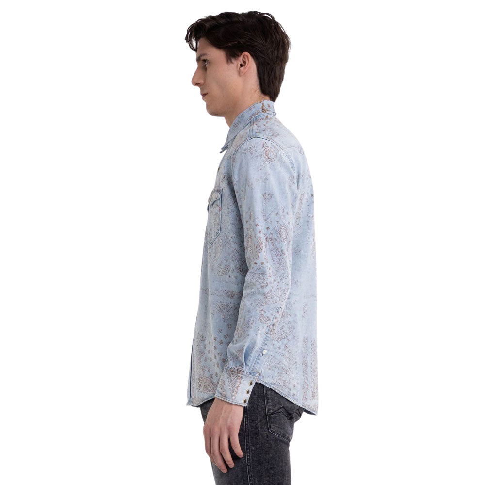 Replay Men's Denim Shirt With Bandana Print