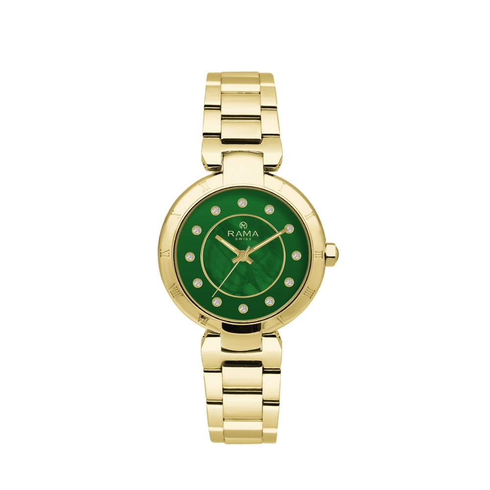 Rama Ladies Quartz Watch Full Yellow Gold Plated Stainless Steel Case & Bracelet With Green Dial | Collection: Watches | Fashion Watches | GCC | Gift Box | SP | Who: For Her | Womens Rama Ladies Quartz Watch Full Yellow Gold Plated Stainless Steel Case & Bracelet With Green Dial | Collection: Watches | Fashion Watches | GCC | Gift Box | SP | Who: For Her | Womens