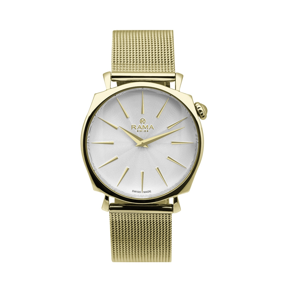 Rama Ladies Quartz Watch Yellow Gold Plated Stainless Steel Case With White Sun Ray Dial / Yellow Gold Plated Mesh Bracelet | Fashion Watches | GCC | SP | Womens