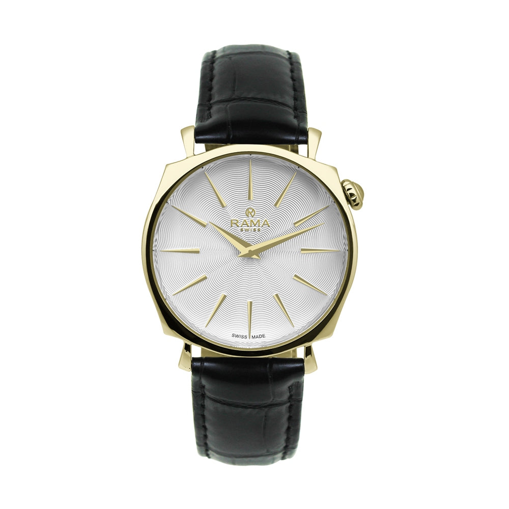 Rama Ladies Quartz Watch Yellow Gold Plated Stainless Steel Case With White Sun Ray Dial / Black Color Genuine Leather Strap | Fashion Watches | GCC | SP | Womens
