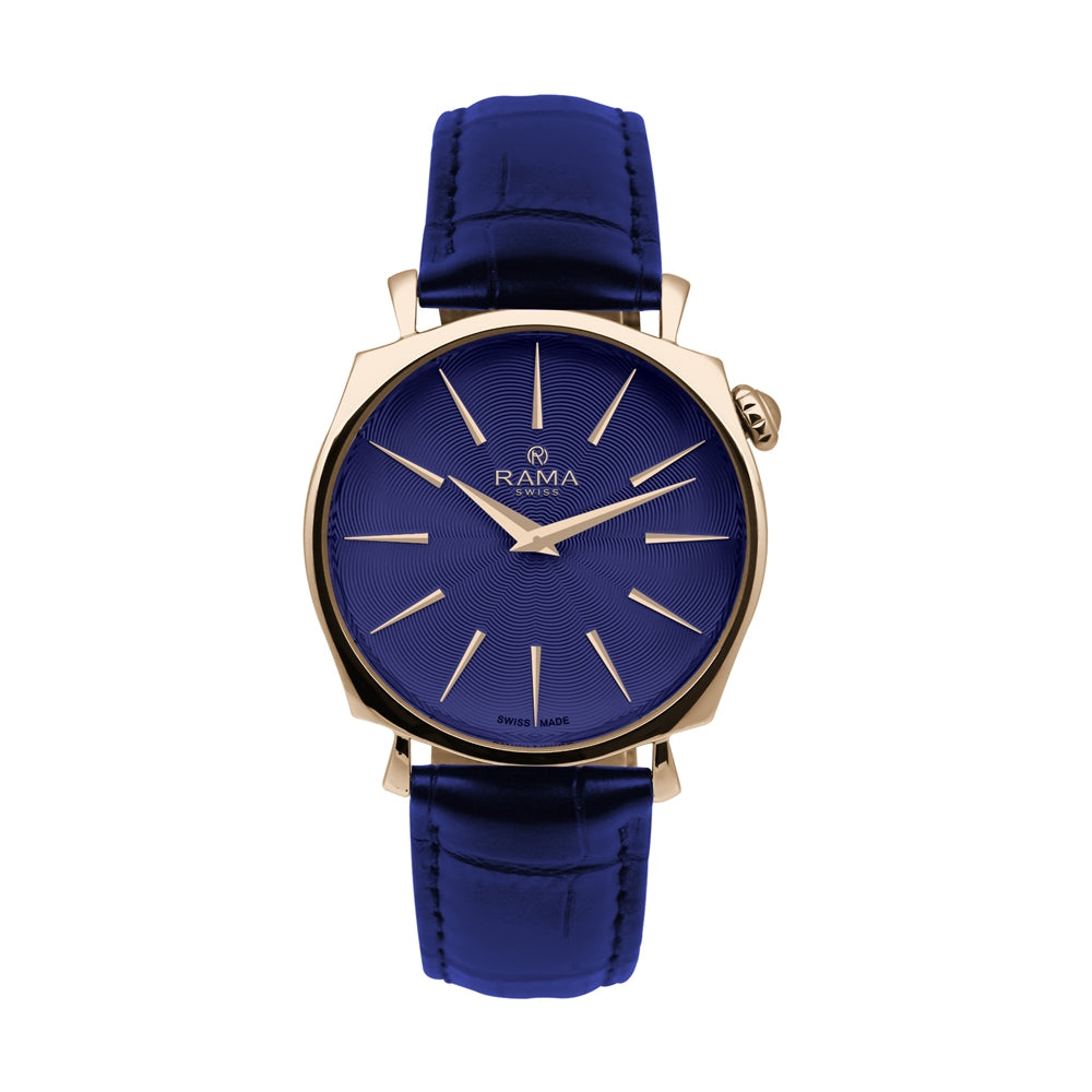 Rama Ladies Quartz Watch Rosegold Plated Stainless Steel Case With Blue Sun Ray Dial / Blue Color Genuine Leather Strap | Fashion Watches | GCC | SP | Womens