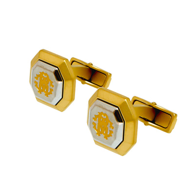 ازرار روبرتو كافالي ذهبي غير لامع مع وسطواجهة فضية مع شعار ذهبي