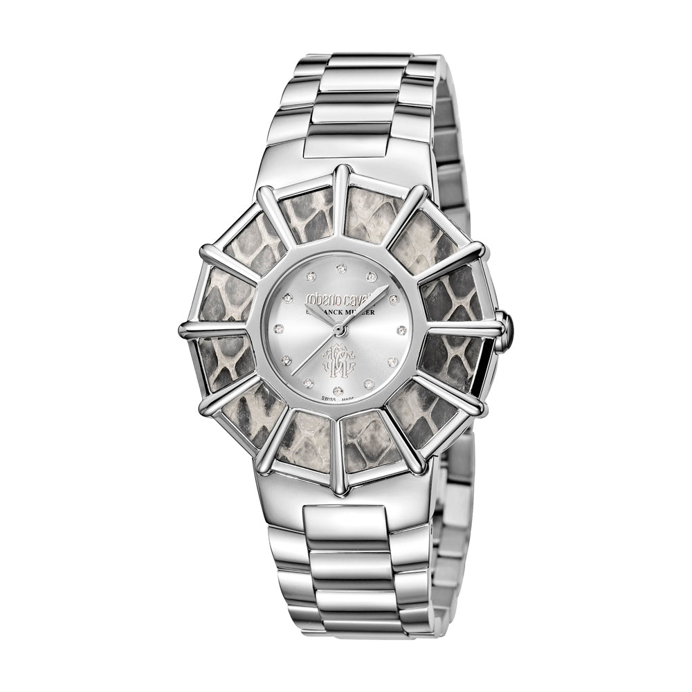 Roberto Cavalli Ladies Stainless Steel Watch Snake Skin Printed Case & Silver Dial With Diamond | EID2023 | Fashion Watches | GCC | SP | Womens Roberto Cavalli Ladies Stainless Steel Watch Snake Skin Printed Case & Silver Dial With Diamond | EID2023 | Fashion Watches | GCC | SP | Womens