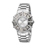 ساعة روبرتو كافالي نسائية ذات هيكل فضي من الستانليس ستيل مع مينا بيضاء مرصعة بالألماس وسوار فضي من الستانليس 