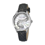 Roberto Cavalli Ladies Watch Black Leather Strap Silver Color Case With Mother Of Pearl Dial