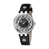 Roberto Cavalli Ladies Watch Black Leather Strap With Silver Color Case & B&W Dial